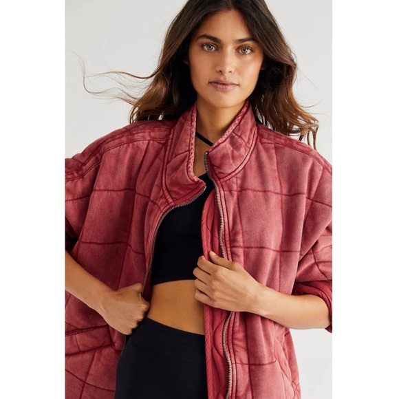 Free People Quilted Bomber Jacket Knitted Dolman Coat Cherry Juice XS - Picture 14 of 16